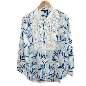 Isaac Mizrahi IMNYC Womens White Blue Floral Embroidered Sheer Button-Up Blouse